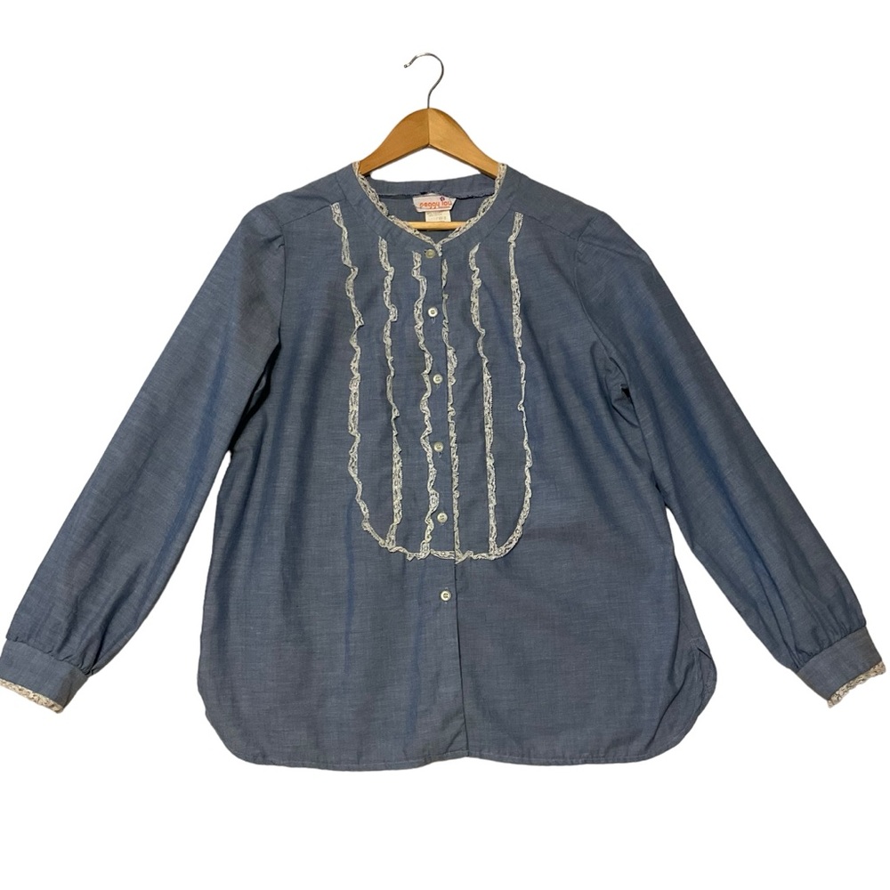 VINTAGE Peggy Sue sz Large? Blouse Yoked Lace Button Down USA 🇺🇸 70s Blue